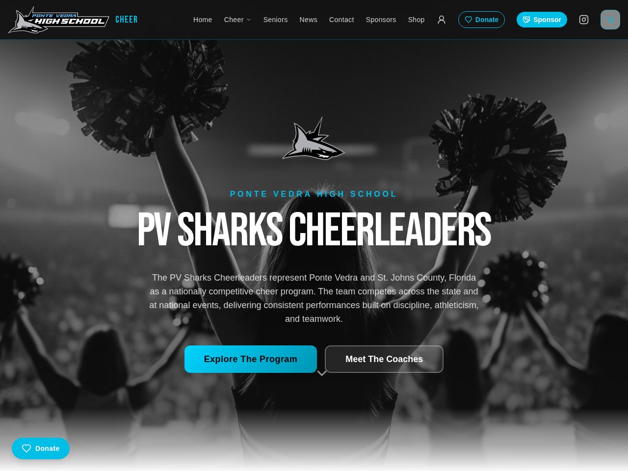 PV Sharks Cheerleaders website homepage — cheerleaders raising pom-poms in a stadium above the site title