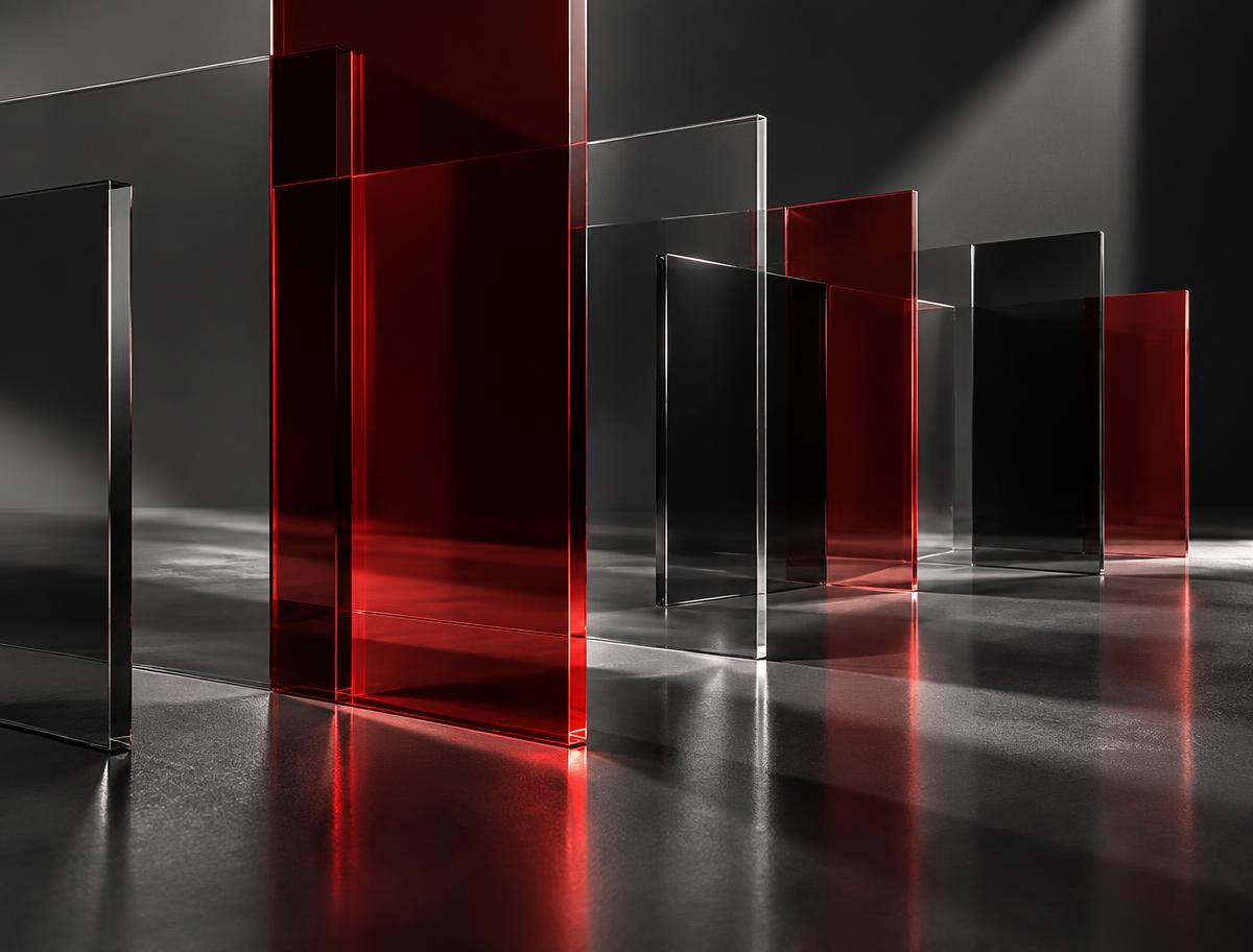 Layered translucent panels in a dramatic architectural composition