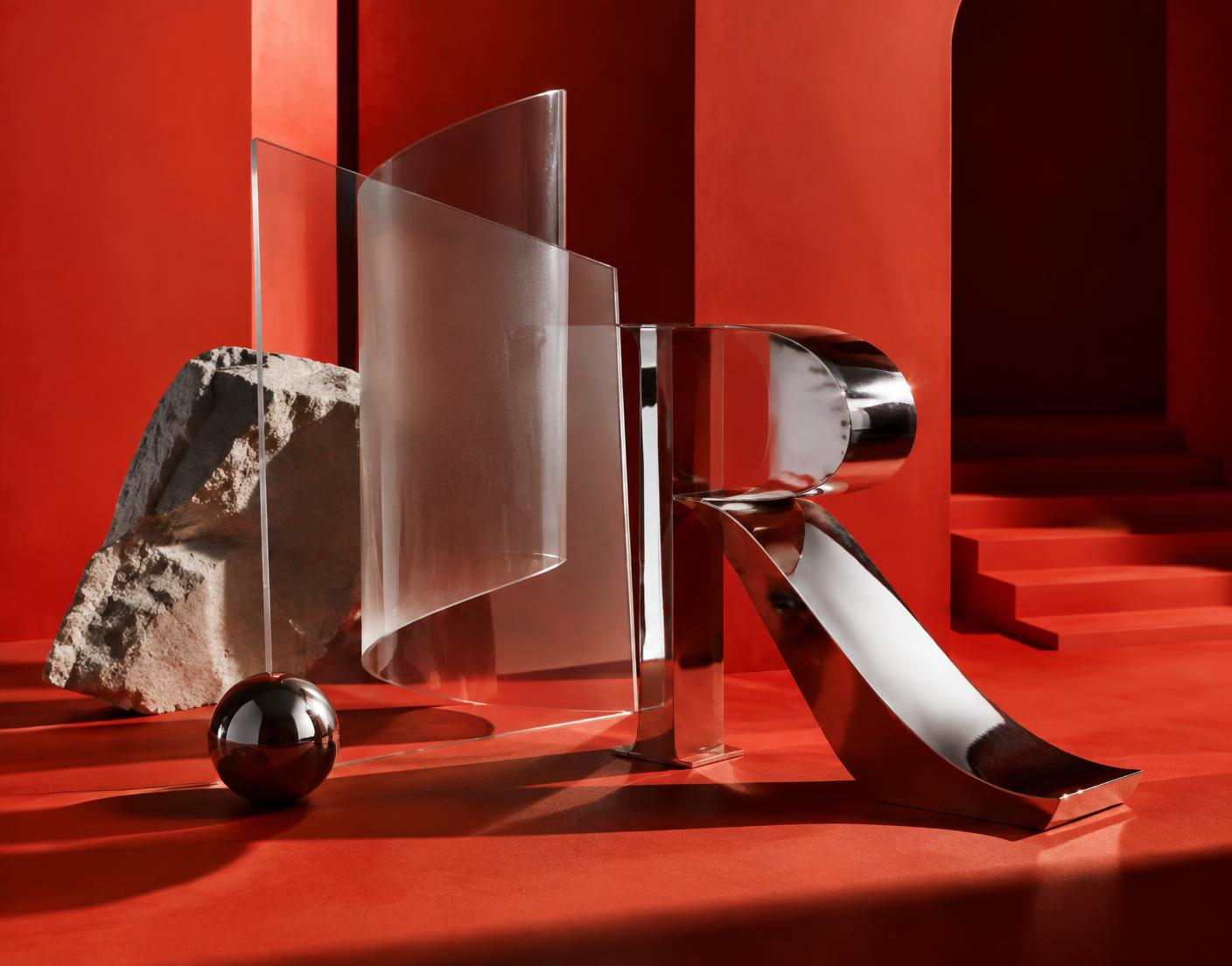 Sculptural glass and metal forms against a red architectural setting